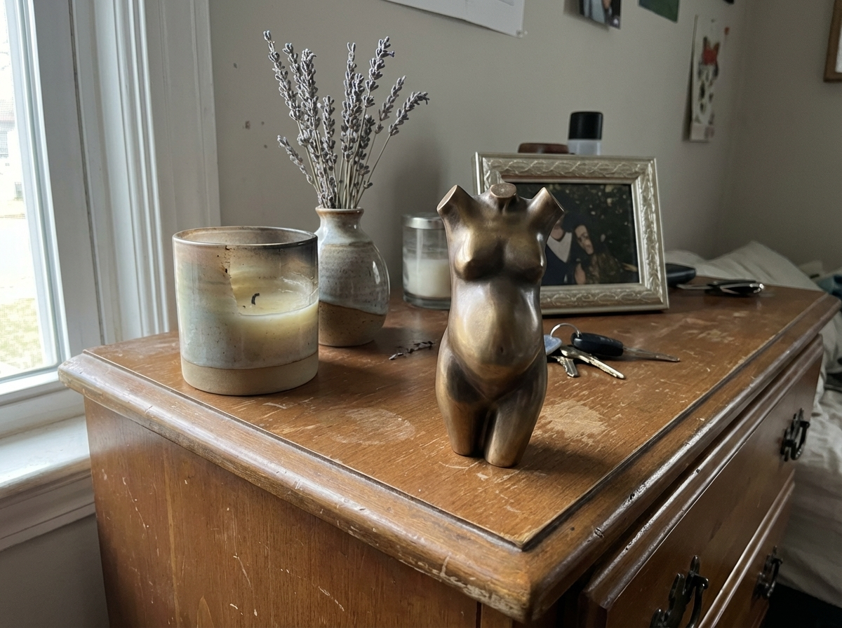 Warm brons zwangerschapsbeeldje interieur